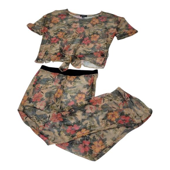 Rouge Mesh Floral Bell Bottom Pants Set Tie Front Crop Top Boho‎ Women's Size 1X - Picture 6 of 13